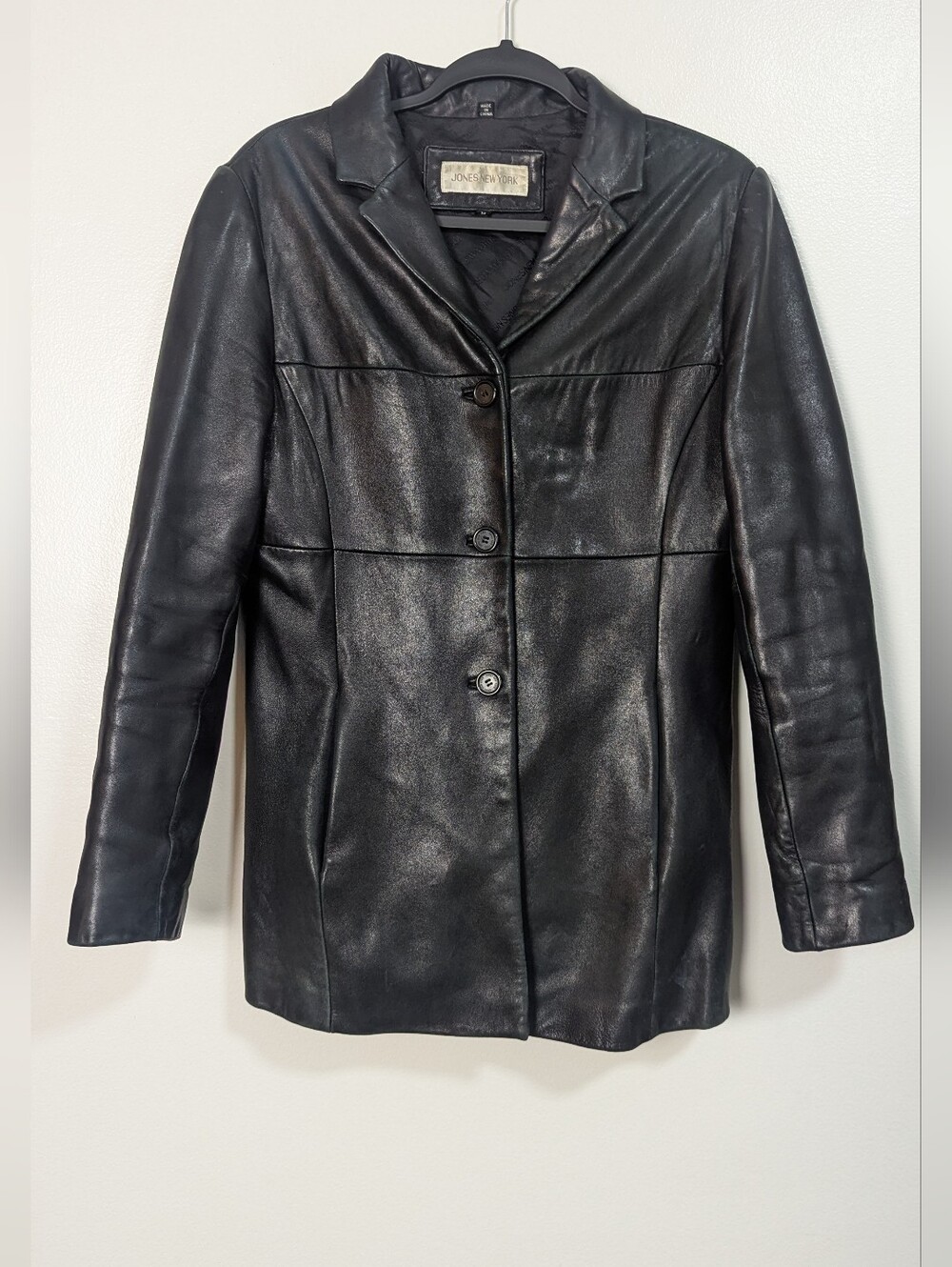 Jones New York 90s Black Genuine Leather Button-Front Car Coat Jacket Medium